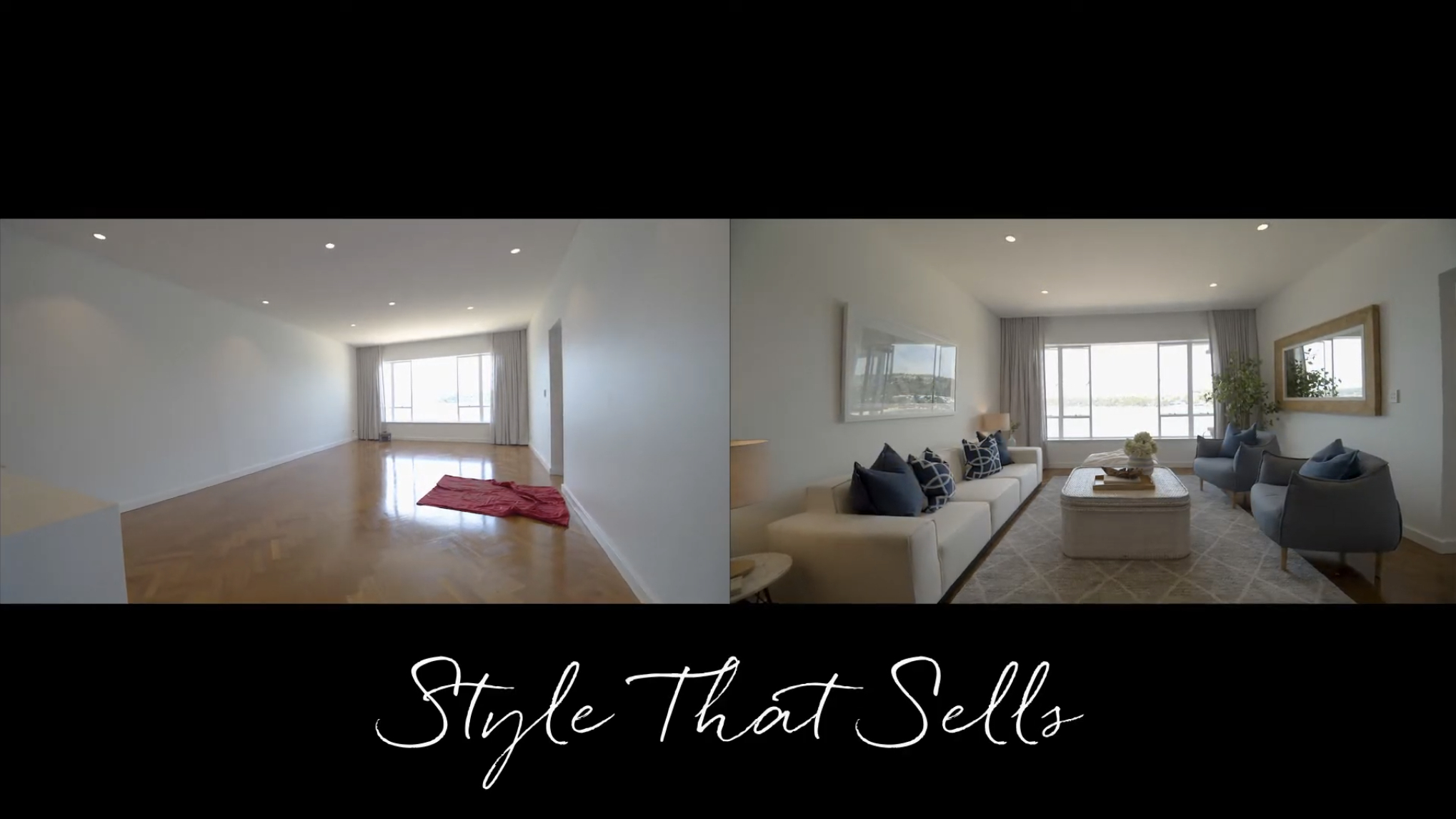 two photos of property with and without furniture and text saying style that sells