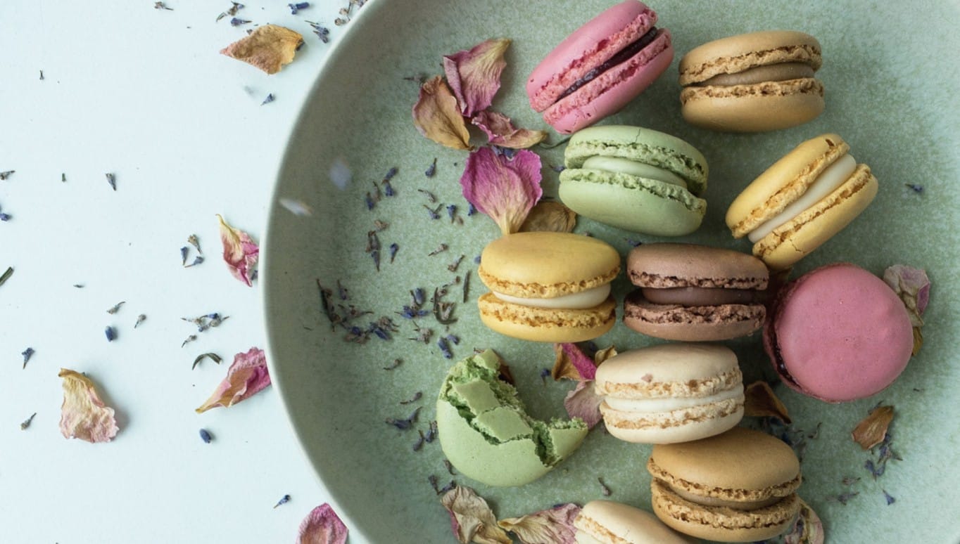 Colourful selections of macarons on green plate