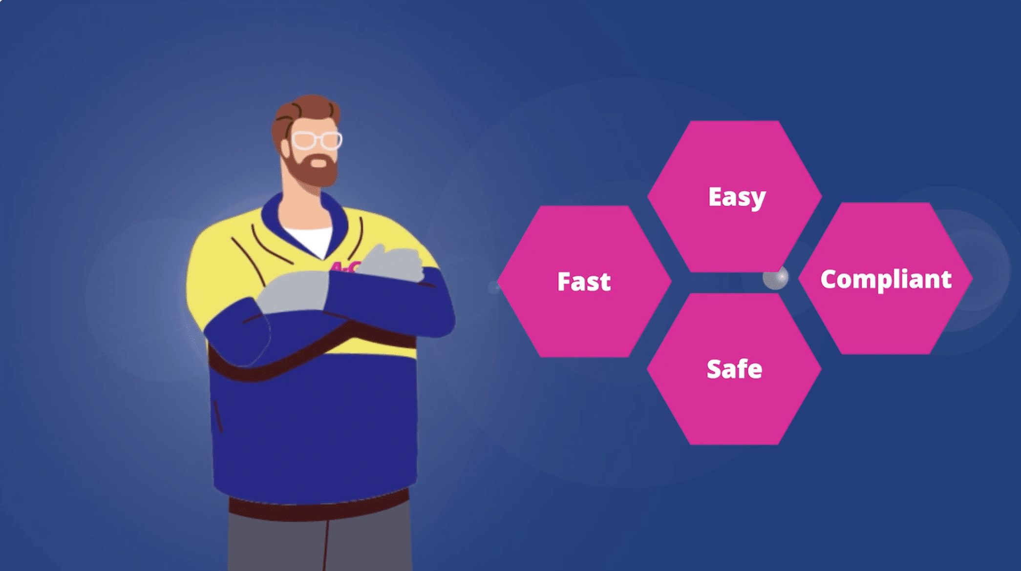 Animated training video scene showing a worker beside safety, compliance and care icons.